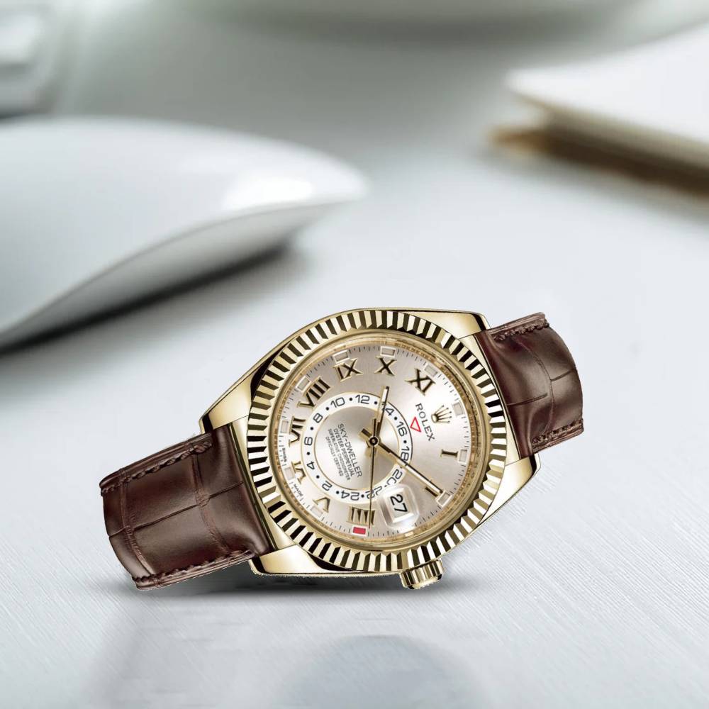 Rolex Sky-Dweller 42mm - Ref: 326138 - Sunray Silver Roman Dial, 18K Yellow Gold & Brown Leather Strap Watch