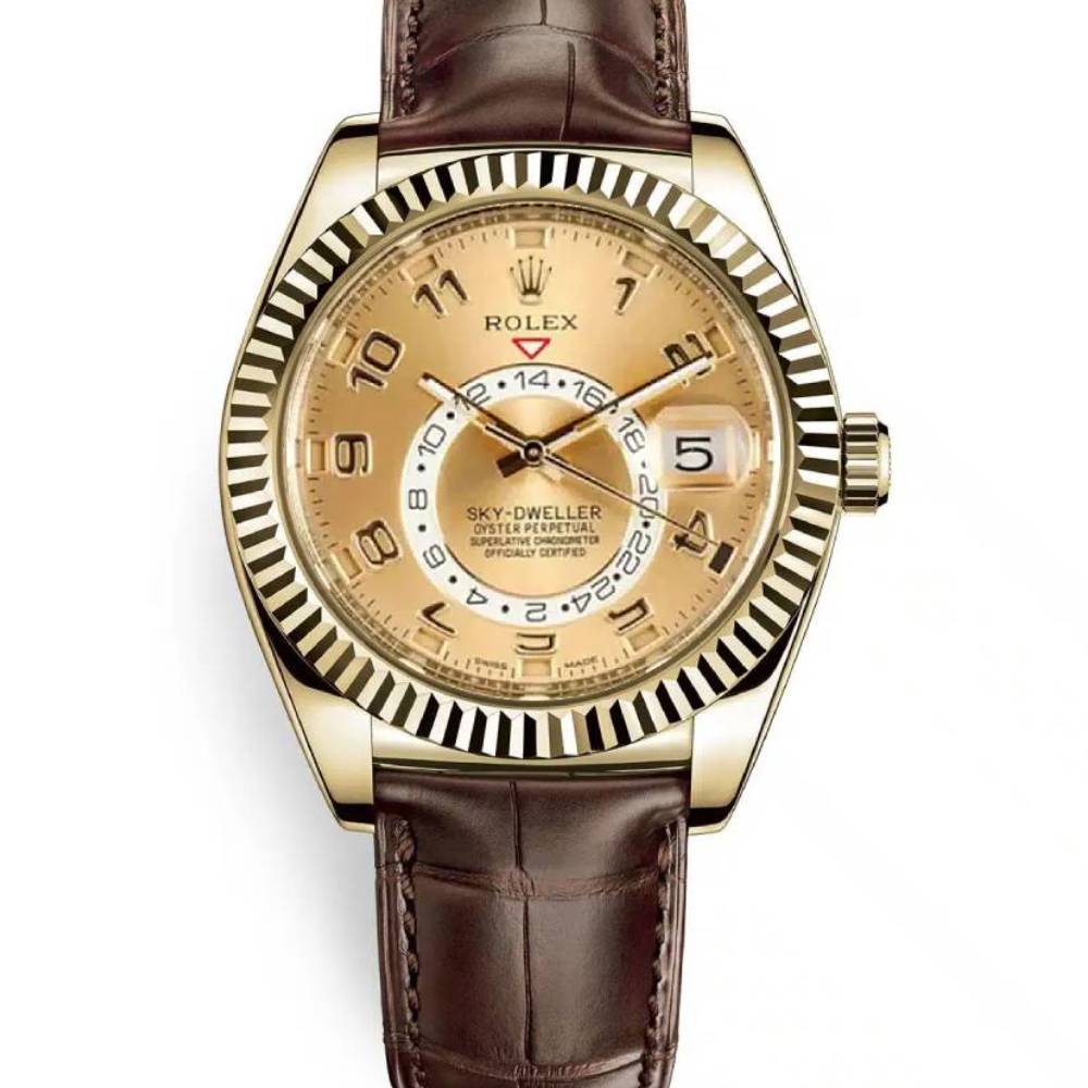 Rolex Sky-Dweller 42mm - Ref: 326138CH - Champagne Dial, 18K Yellow Gold & Brown Leather Strap Men's Watch