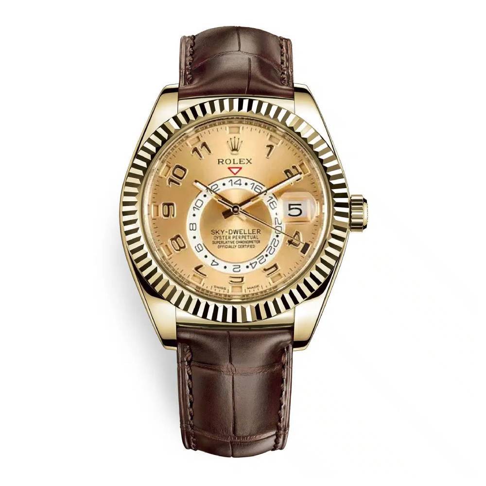 Rolex Sky-Dweller 42mm - Ref: 326138CH - Champagne Dial, 18K Yellow Gold & Brown Leather Strap Men's Watch