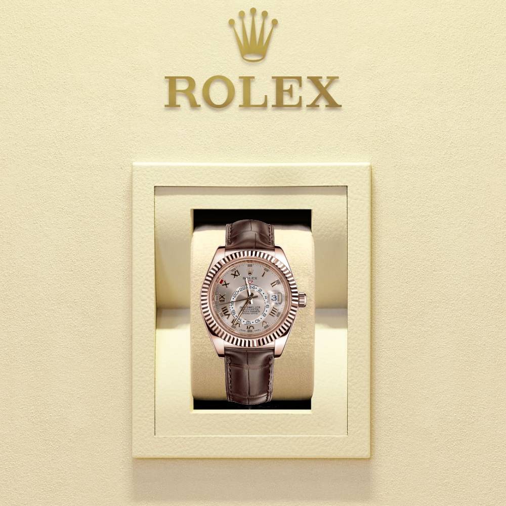 Rolex Sky-Dweller 42mm - Ref: 326138SD - Sundust Sunray Roman Dial, 18K Rose Gold & Brown Leather Strap Watch