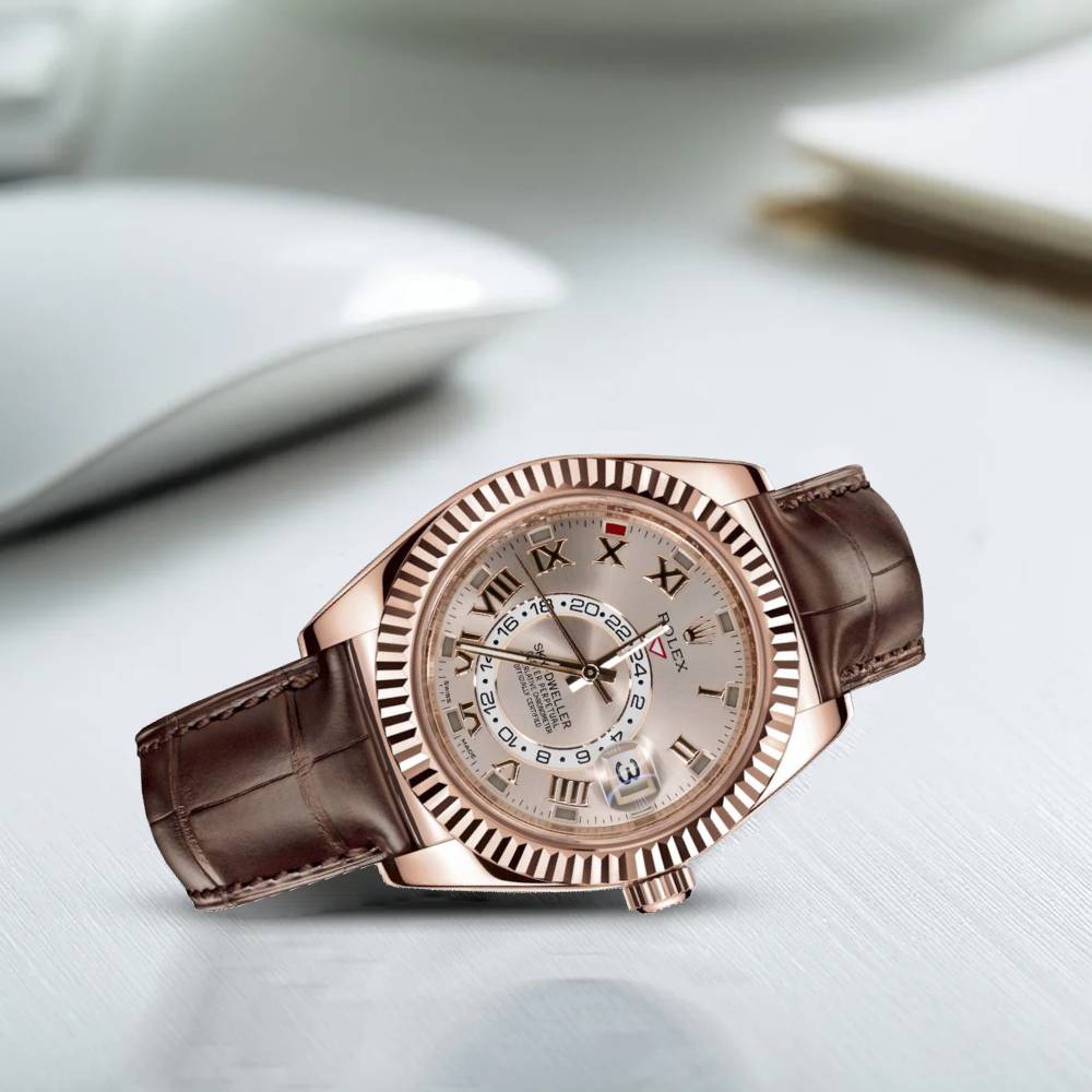 Rolex Sky-Dweller 42mm - Ref: 326138SD - Sundust Sunray Roman Dial, 18K Rose Gold & Brown Leather Strap Watch