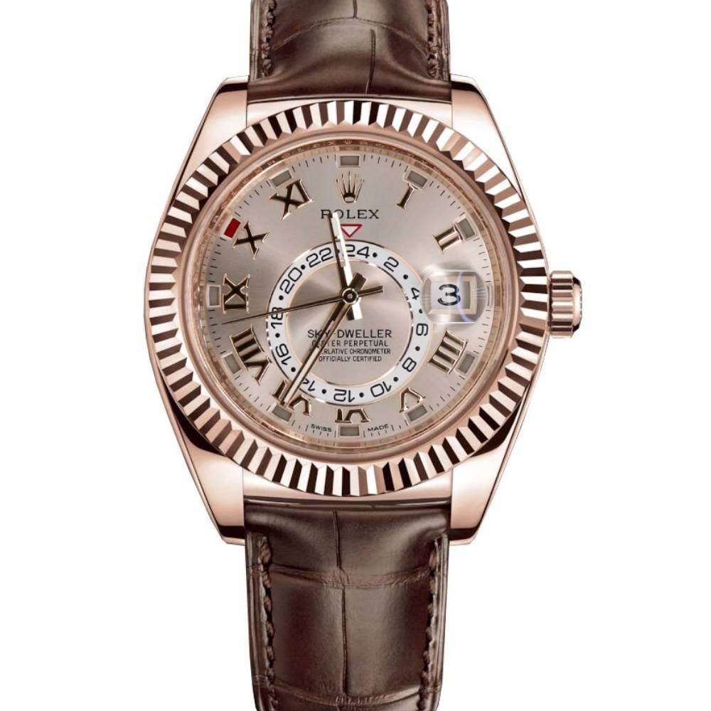 Rolex Sky-Dweller 42mm - Ref: 326138SD - Sundust Sunray Roman Dial, 18K Rose Gold & Brown Leather Strap Watch