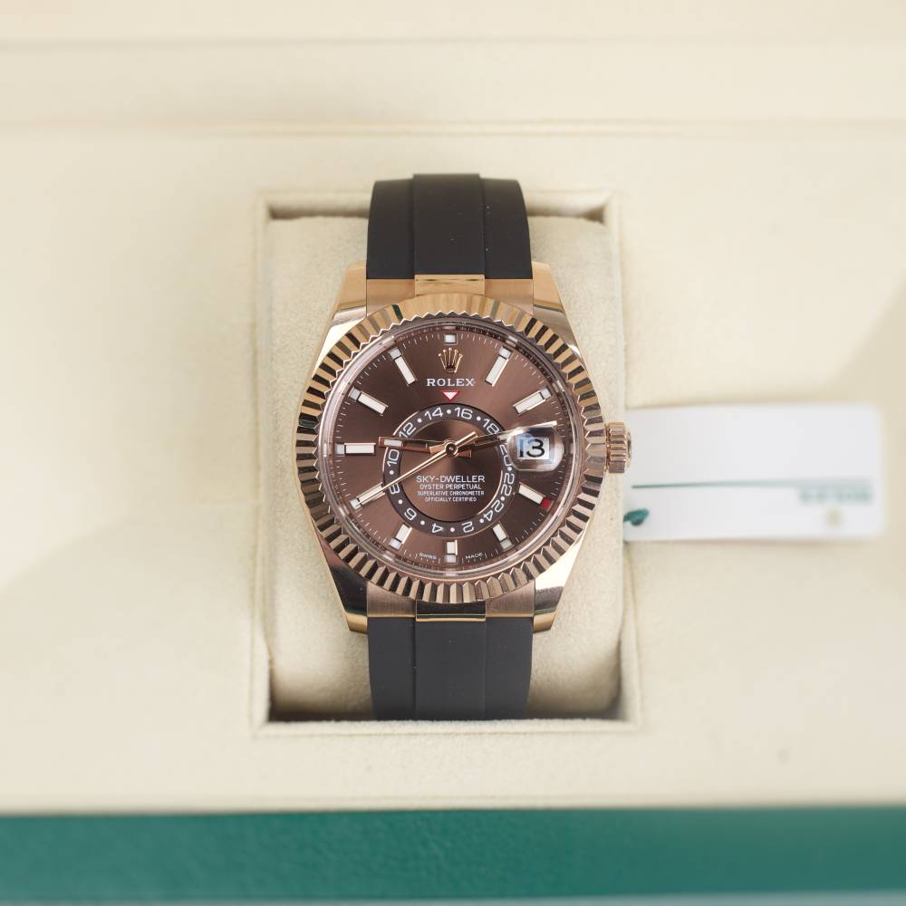 Rolex Sky-Dweller 42mm - Ref: 326235-0005 - Chocolate Stick Dial & 18K Rose Gold Case, Black Oysterflex Bracelet Watch