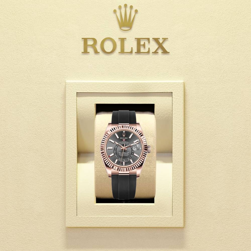 Rolex Sky-Dweller 42mm - Ref: 326235-0006 - Slate Grey Stick Dial & 18K Rose Gold Case, Black Oysterflex Bracelet Watch