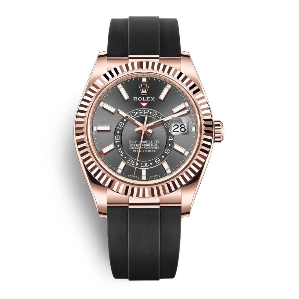 Rolex Sky-Dweller 42mm - Ref: 326235-0006 - Slate Grey Stick Dial & 18K Rose Gold Case, Black Oysterflex Bracelet Watch