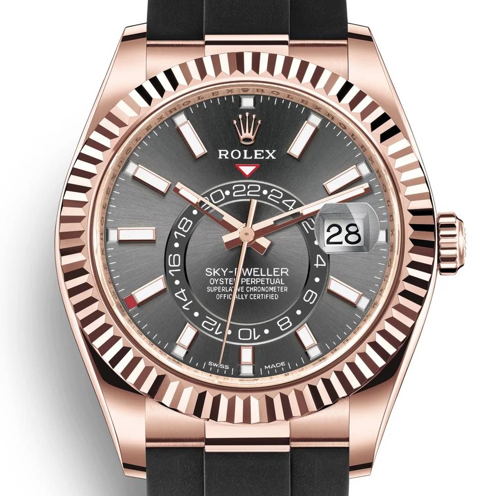 Rolex Sky-Dweller 42mm - Ref: 326235-0006 - Slate Grey Stick Dial & 18K Rose Gold Case, Black Oysterflex Bracelet Watch