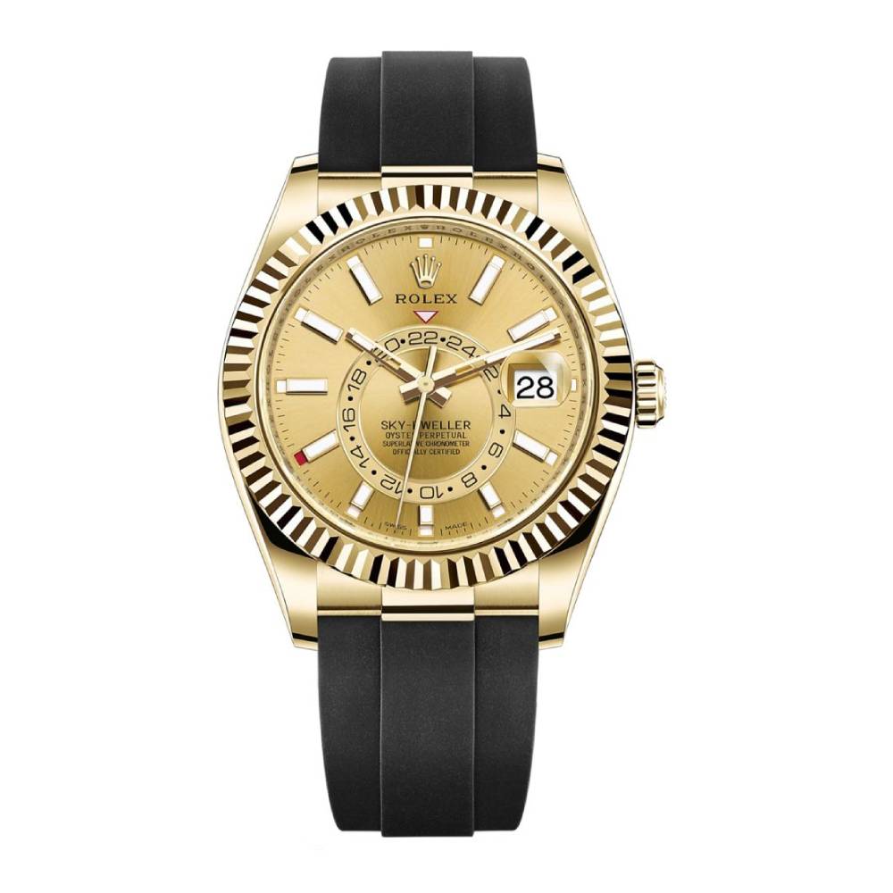 Rolex Sky-Dweller 42mm - Ref: 326238-0007 - Champagne Stick Dial & 18K Yellow Gold Case, Black Oysterflex Bracelet Watch
