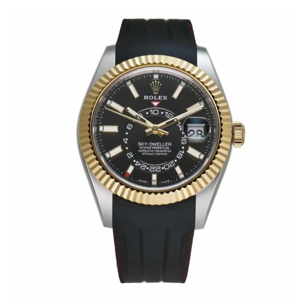 Rolex Sky-Dweller 42mm - Ref: 326933 - Black Dial, 18k Yellow Gold and Stainless Steel Case, Custom Rubber B Band Bracelet Watch