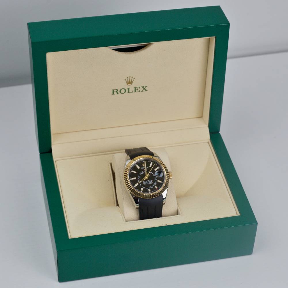 Rolex Sky-Dweller 42mm - Ref: 326933 - Black Dial, 18k Yellow Gold and Stainless Steel Case, Custom Rubber B Band Bracelet Watch