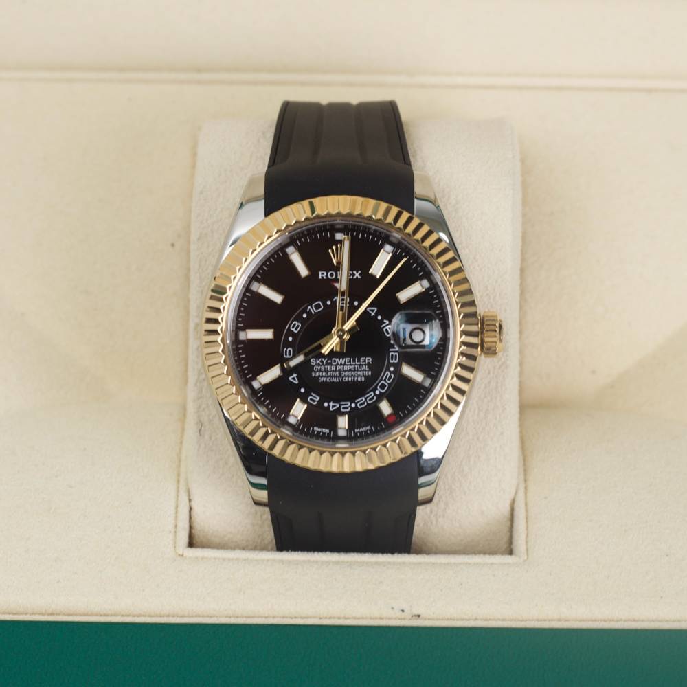 Rolex Sky-Dweller 42mm - Ref: 326933 - Black Dial, 18k Yellow Gold and Stainless Steel Case, Custom Rubber B Band Bracelet Watch