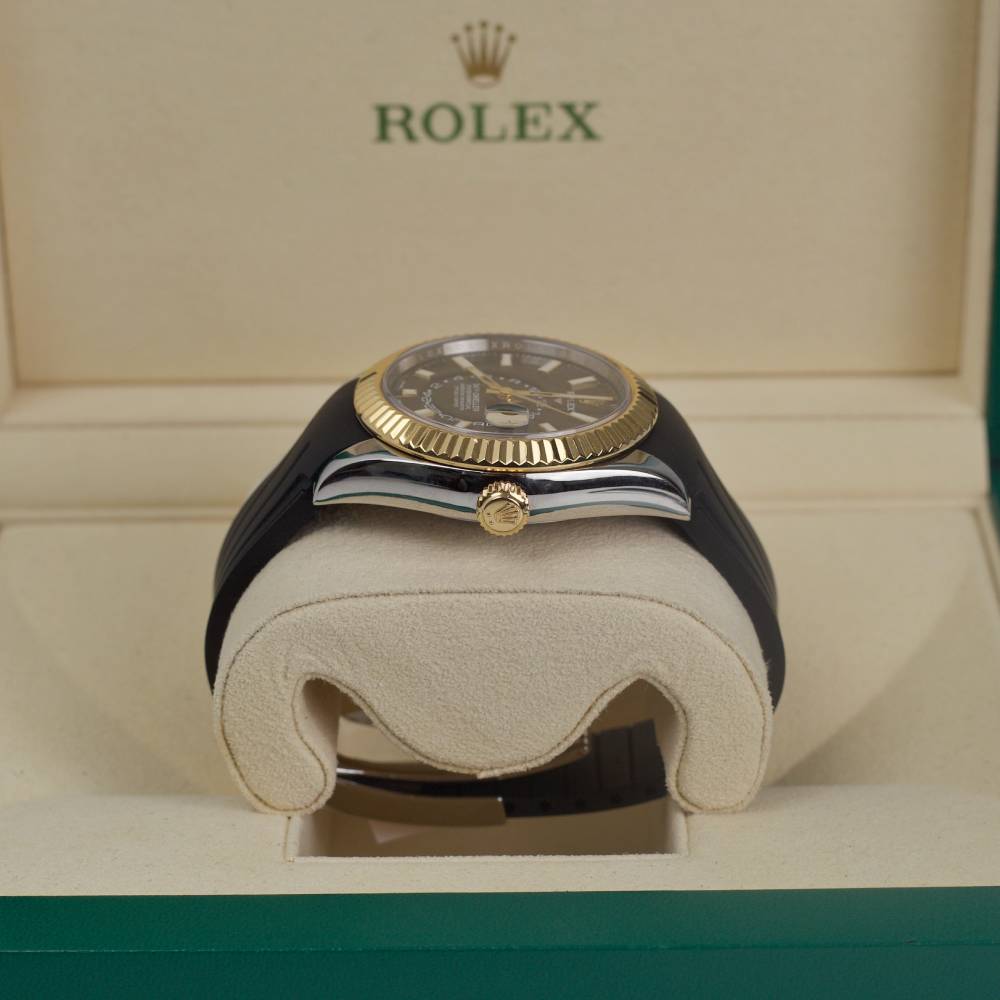 Rolex Sky-Dweller 42mm - Ref: 326933 - Black Dial, 18k Yellow Gold and Stainless Steel Case, Custom Rubber B Band Bracelet Watch