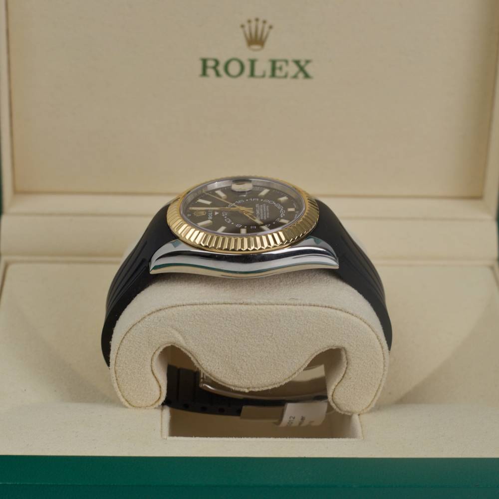 Rolex Sky-Dweller 42mm - Ref: 326933 - Black Dial, 18k Yellow Gold and Stainless Steel Case, Custom Rubber B Band Bracelet Watch