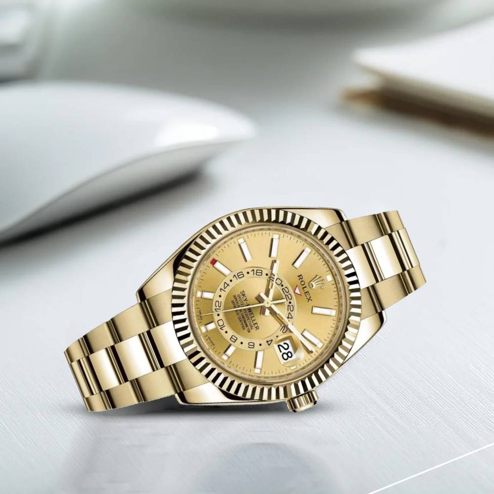 Rolex Sky-Dweller 42mm - Ref: 326938-0003 - Champagne Stick Dial, 18K Yellow Gold Oyster Bracelet Watch