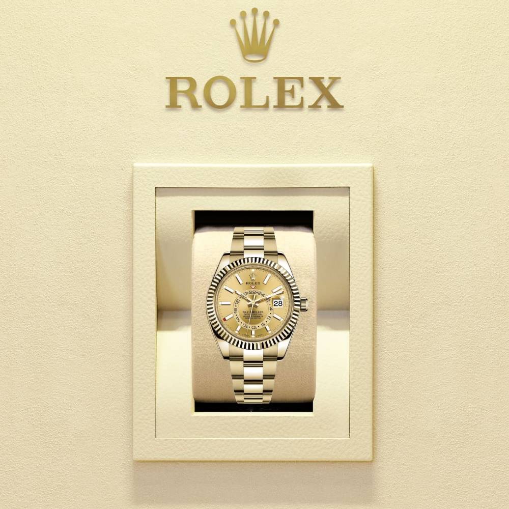 Rolex Sky-Dweller 42mm - Ref: 326938-0003 - Champagne Stick Dial, 18K Yellow Gold Oyster Bracelet Watch