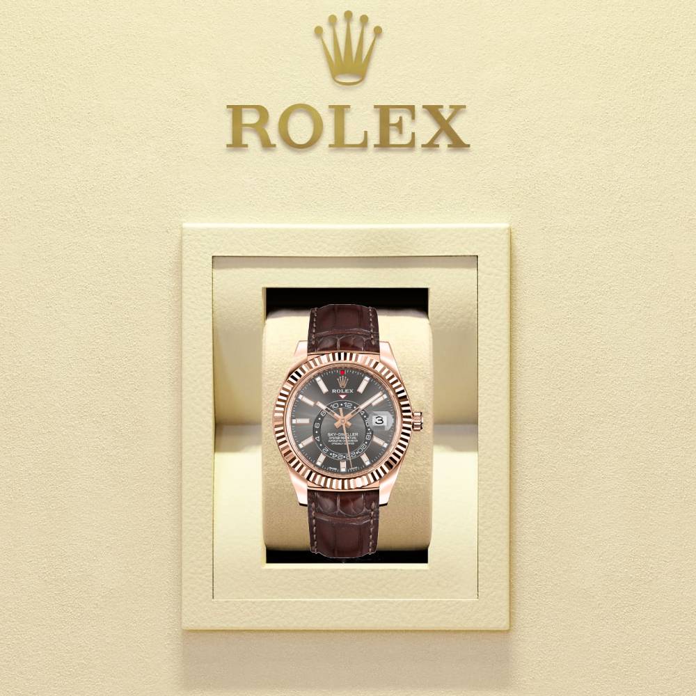 Rolex Sky-Dweller 42mm - Ref: 326135-0008 - Dark Rhodium Stick Dial, 18K Rose Gold & Brown Leather Strap Watch