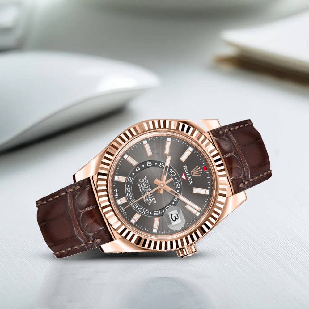 Rolex Sky-Dweller 42mm - Ref: 326135-0008 - Dark Rhodium Stick Dial, 18K Rose Gold & Brown Leather Strap Watch
