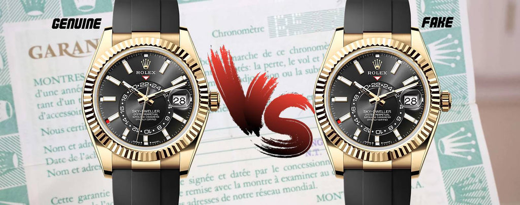 Side-by-side comparison of a genuine and fake Rolex Sky-Dweller