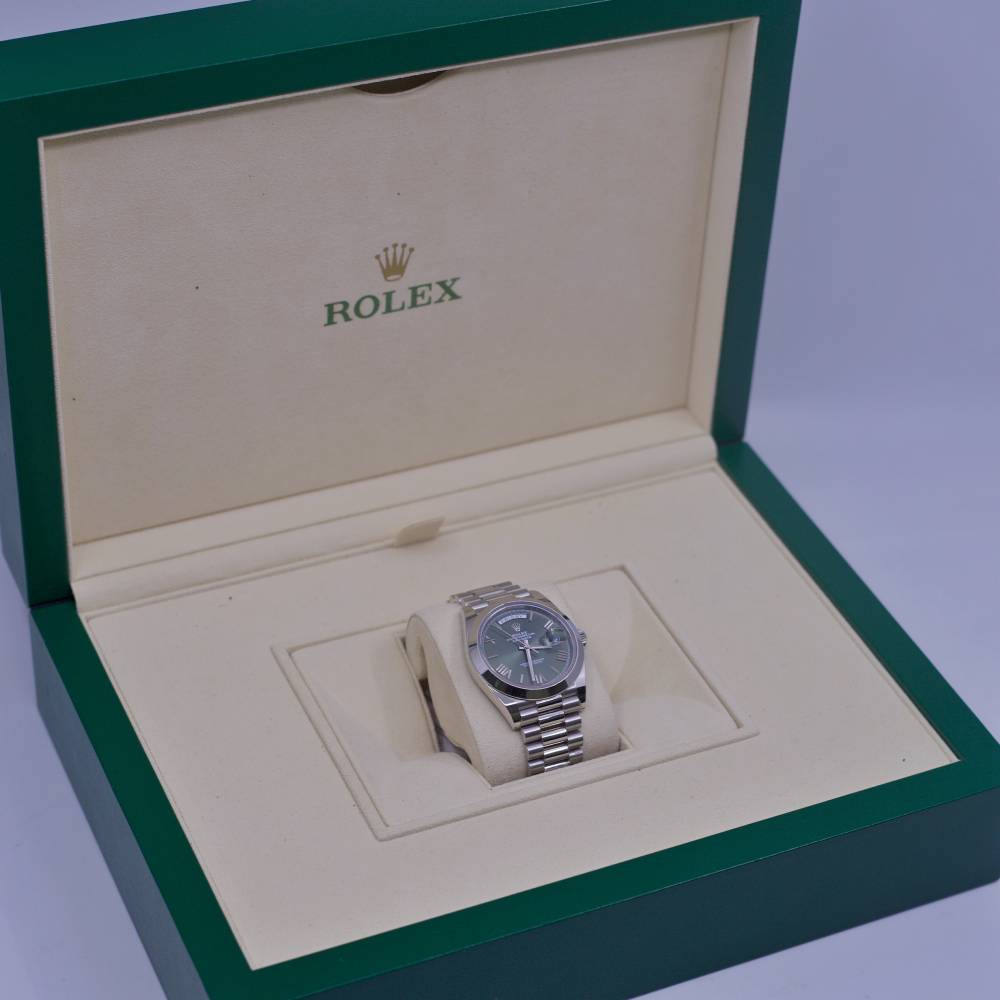 Rolex Day Date 40mm - Ref: 228206-0027 - Olive Green Roman Dial, Platinum President Bracelet Men's Watch