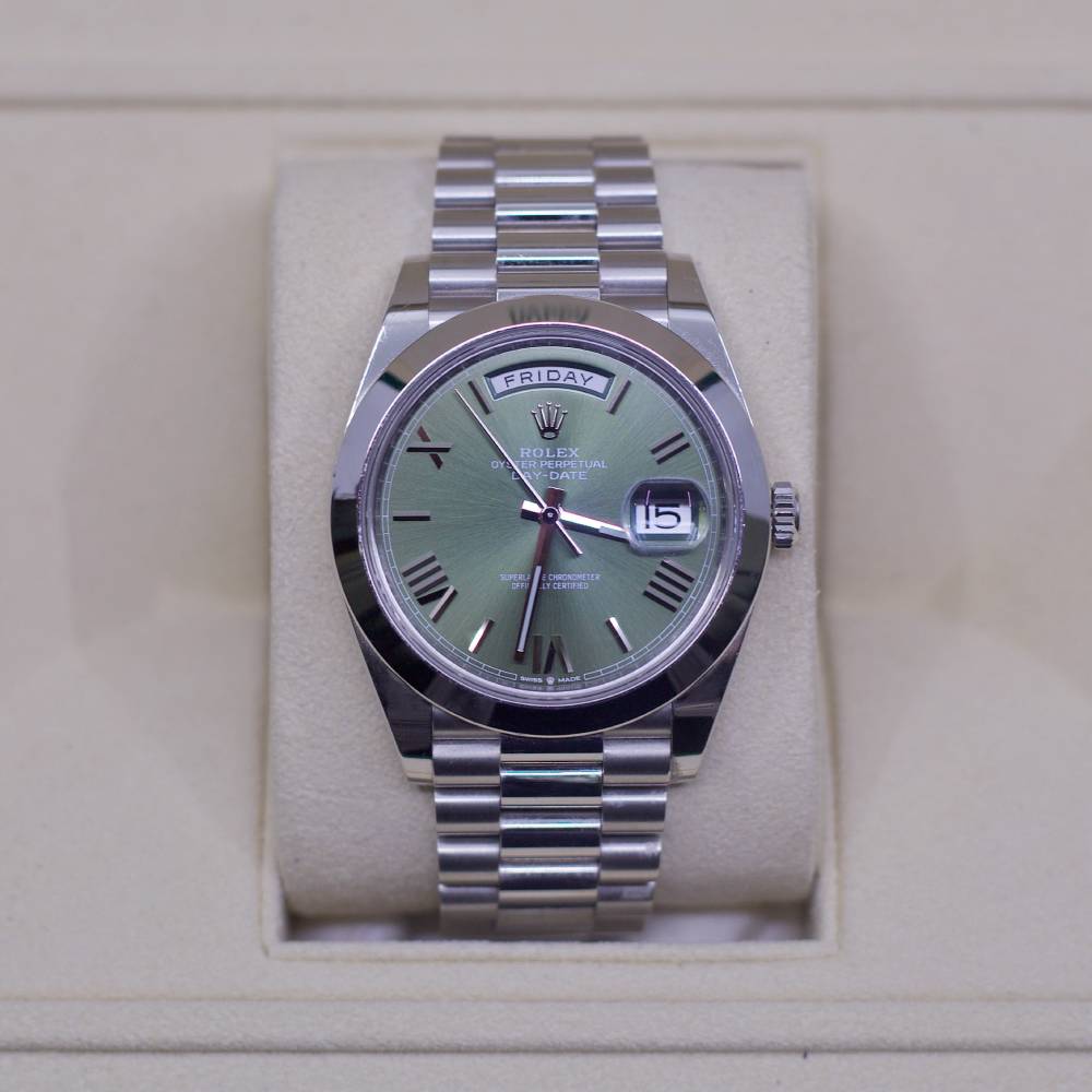 Rolex Day Date 40mm - Ref: 228206-0027 - Olive Green Roman Dial, Platinum President Bracelet Men's Watch