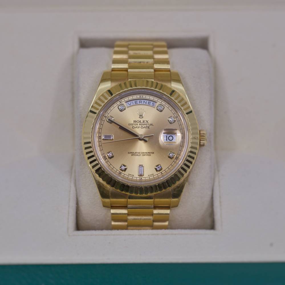 Rolex Day Date 41mm - Ref: 218238 - Champagne Diamond Dial & Fluted Bezel, 18K Yellow Gold President Bracelet Men's Watch