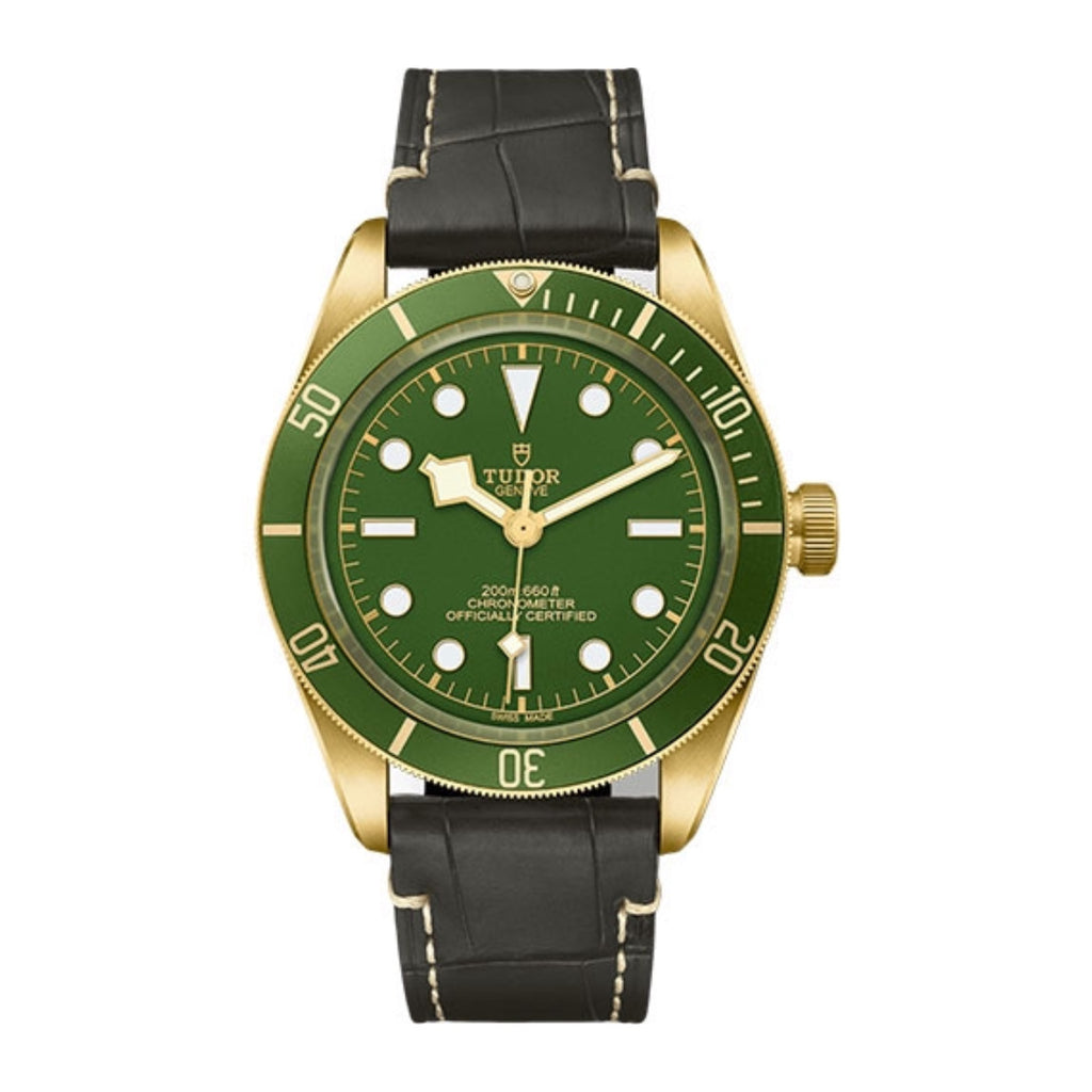 Tudor Black Bay Fifty-Eight 39mm | black Leather Strap | green domed Dial | yellow gold case Men's Watch ref. M79018V-0001