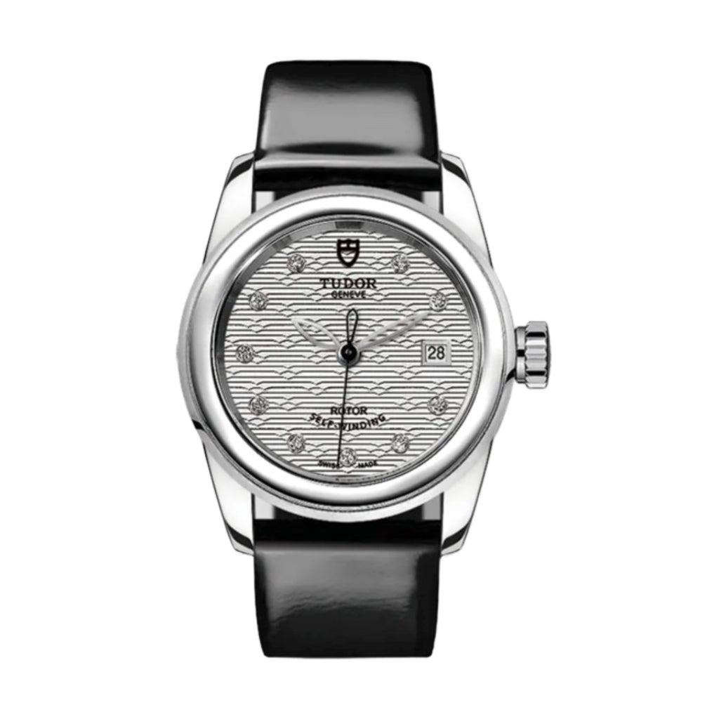 Tudor Glamour Date 26mm | Black patent leather strap | Silver jacquard Diamond dial | Ladies Watch M51000-0021