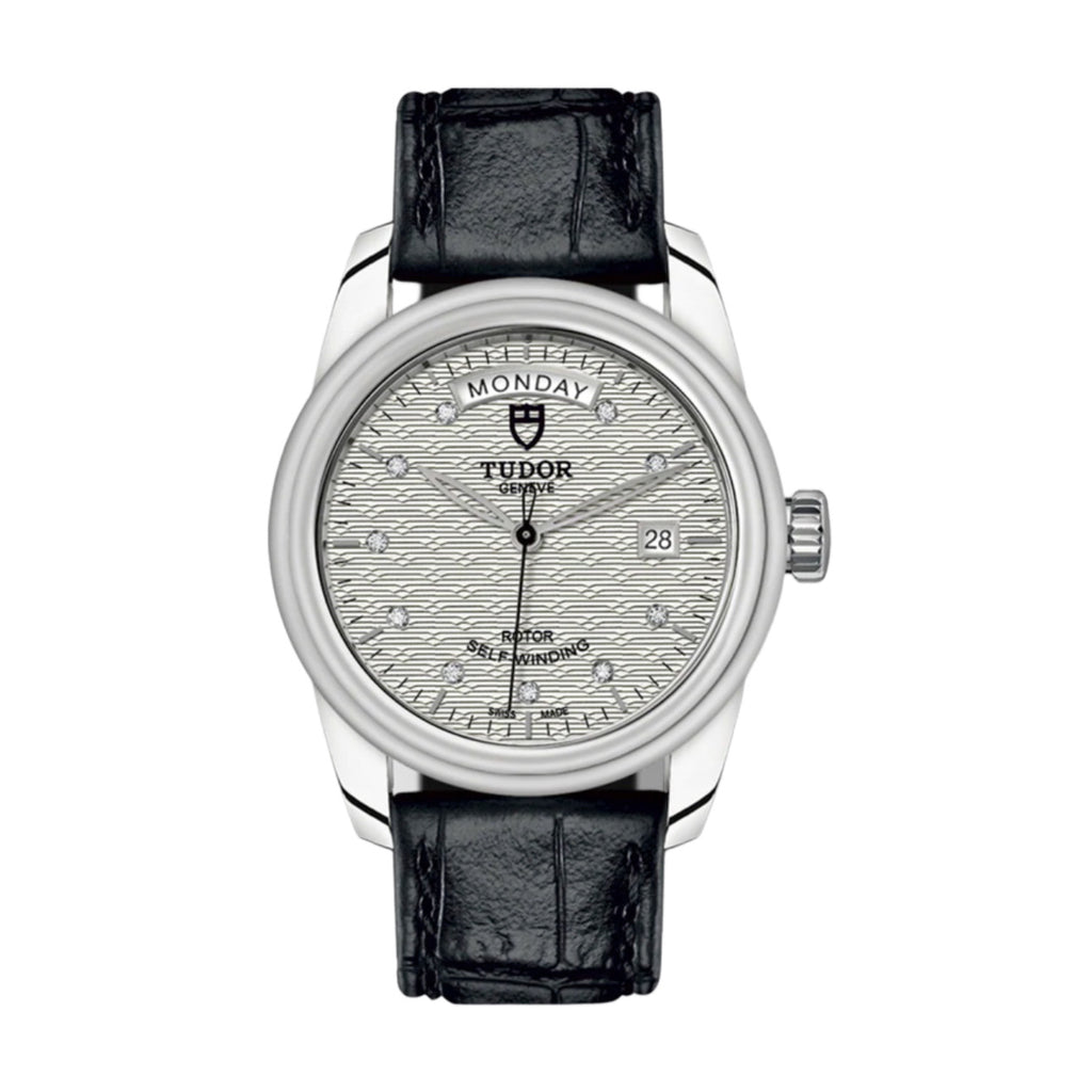 Tudor Glamour Date+Day 39mm | Shiny black leather strap | Silver jacquard Diamond dial | Men's Watch M56000-0038