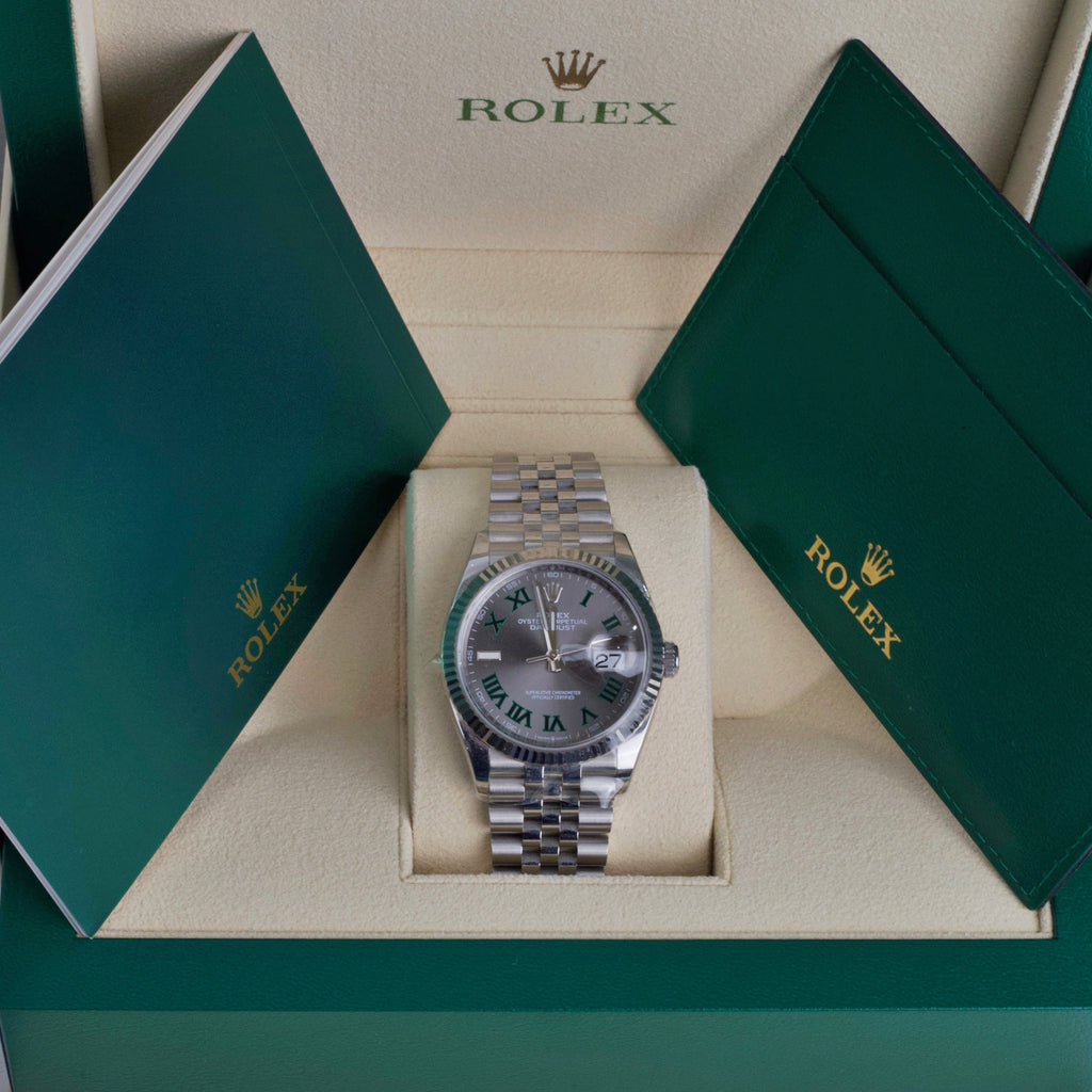 Wimbledon Rolex Datejust 36mm | Stainless Steel Jubilee bracelet | Slate dial Fluted bezel | Stainless Steel and 18k White Gold Case Men's Watch 126234-0045