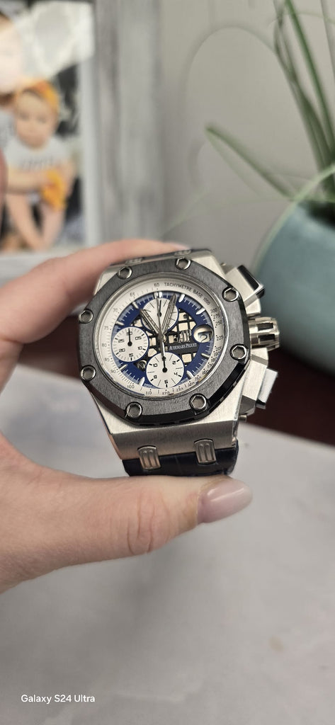 Audemars Piguet Royal Oak Offshore Chronograph Rubens Barrichello II 42 mm | Leather strap | Blue Dial | Platinum and ceramic Case | Mens Watch, Ref. 26078PO.OO.D018CR.01