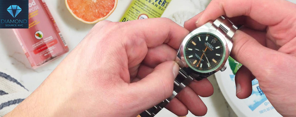 A luxury watch being cleaned or maintained before being sold.