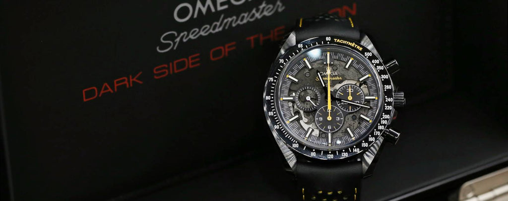 A close-up of an omega watch with a clean, sharp focus on the brand and model.