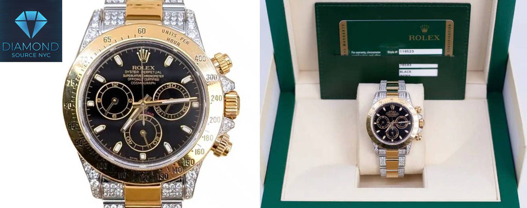A Rolex watch being packed for sale, or a person considering different sale options online for their Rolex watch.
