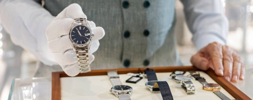A person handing over a luxury watch to get a loan.