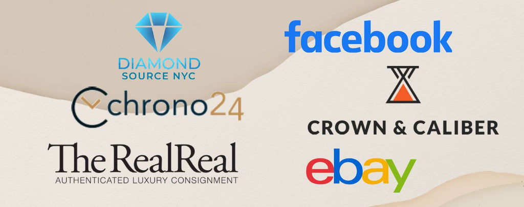 Logos of various online platforms for selling luxury watches.