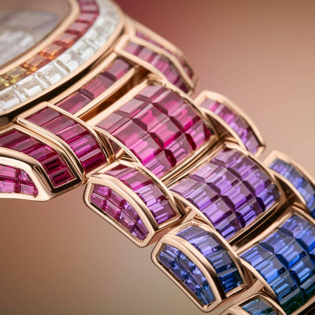 Patek Philippe Aquanaut Luce "Rainbow" close up on sapphire bracelet