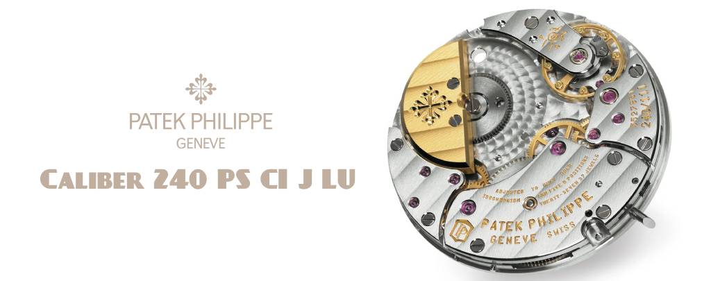 A detailed view of the Patek Philippe Caliber 240 PS CI J LU movement, showcasing its intricate components and finishing.