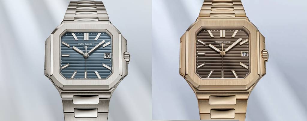 A pair of Patek Philippe Cubitus watches in 40mm, featuring the white gold blue-gray dial and rose gold brown dial models.