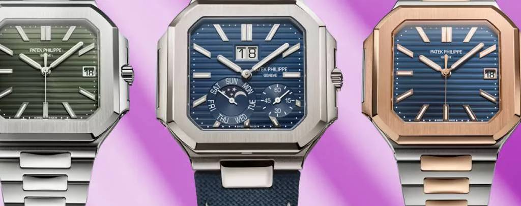 A curated display of the Patek Philippe Cubitus collection, highlighting the different case materials and dial colors.