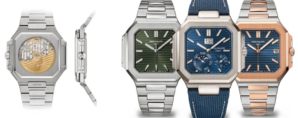 A trio of Patek Philippe Cubitus watches, showcasing the stainless steel green dial, two-tone blue dial, and platinum blue dial models.