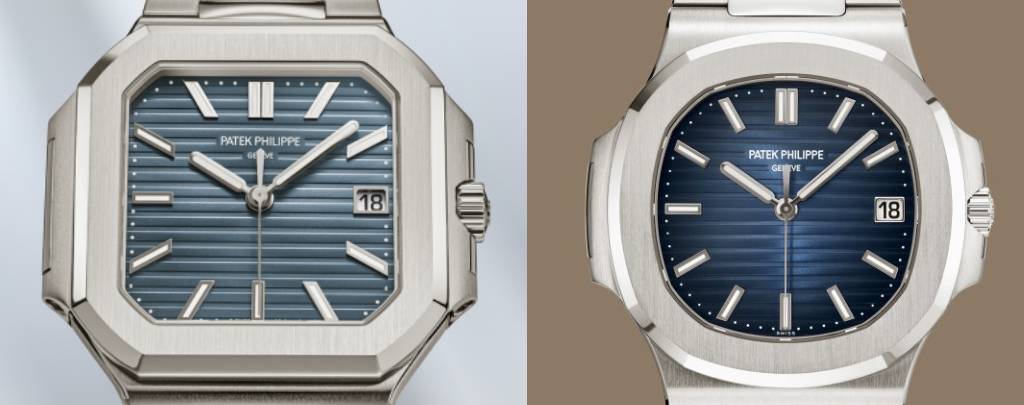 A side-by-side comparison image of the Patek Philippe Cubitus and the Patek Philippe Nautilus, highlighting their design similarities and differences.