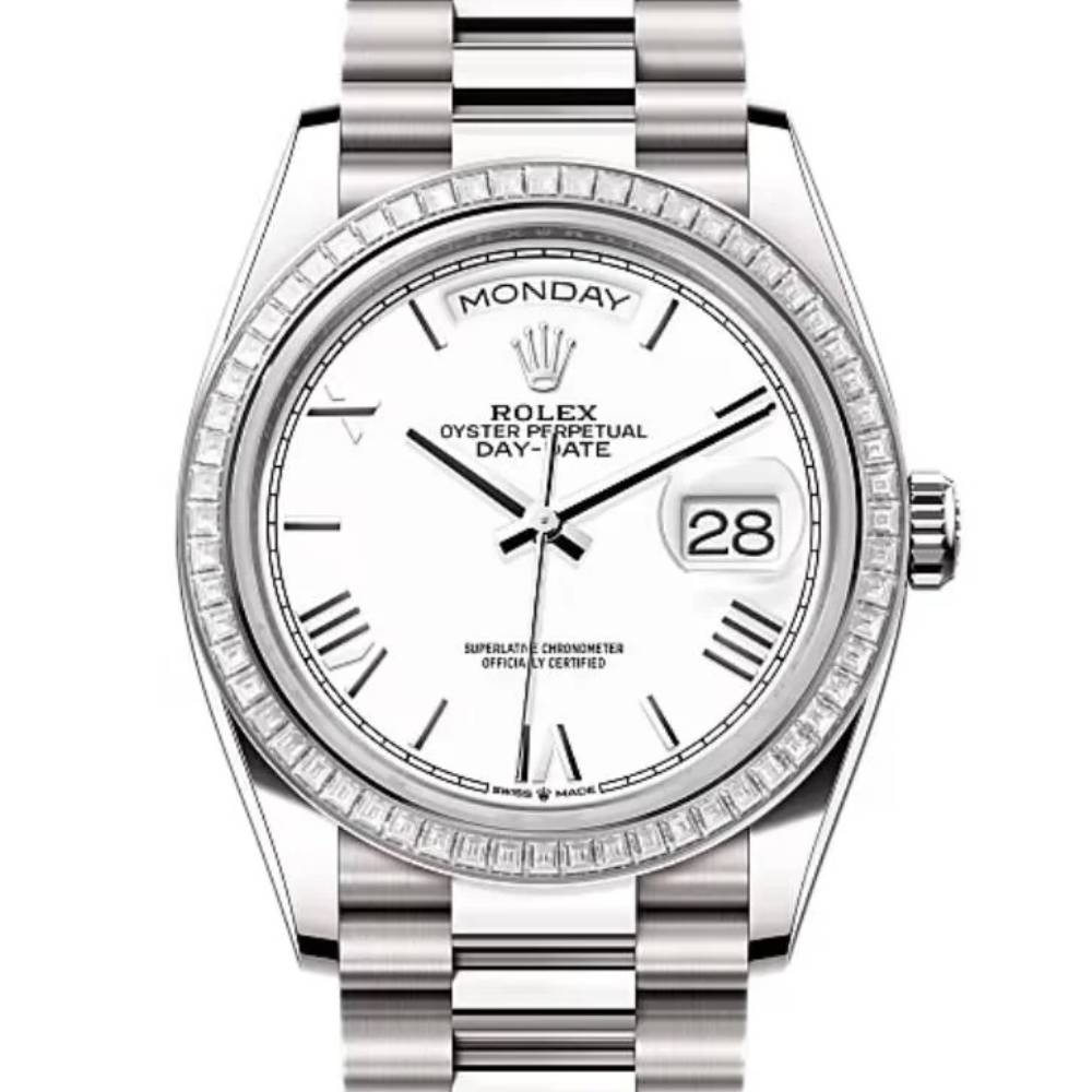 2024 Release Rolex Day-Date 36 mm | 18k white gold President bracelet | White dial Diamond bezel | Men's Watch 128399TBR
