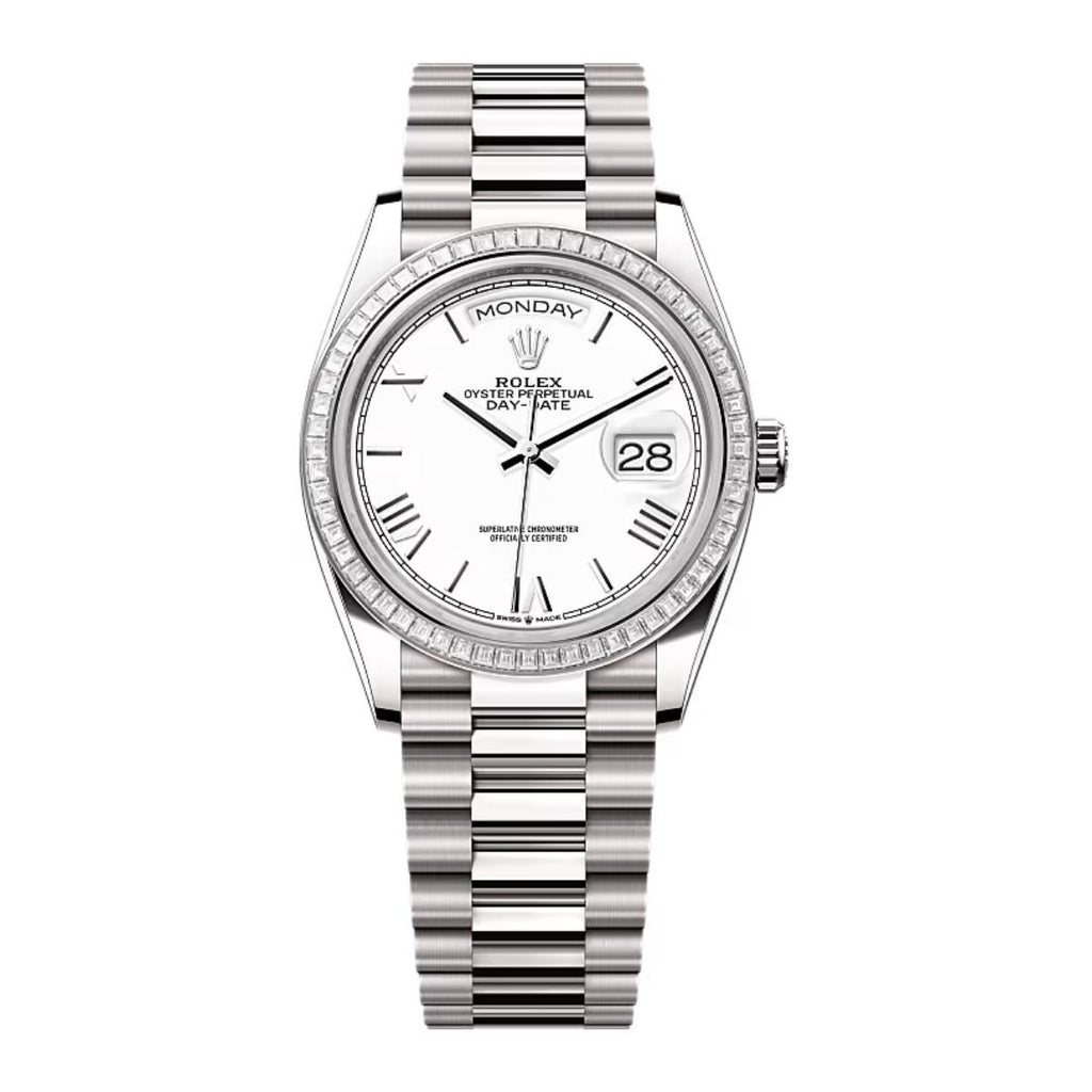 2024 Release Rolex Day-Date 36 mm | 18k white gold President bracelet | White dial Diamond bezel | Men's Watch 128399TBR