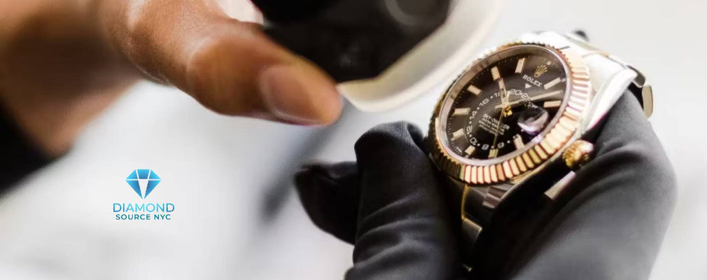 Jeweler examining a Rolex watch for authenticity.