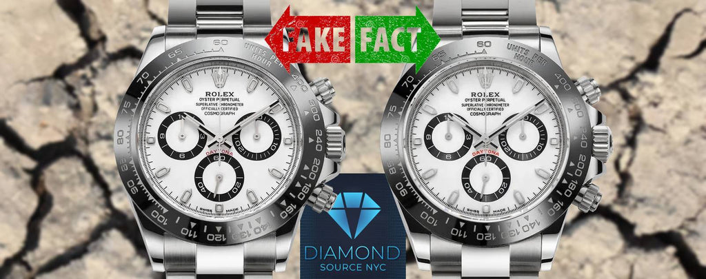 A professional inspecting a Rolex watch for authenticity, comparing it to a counterfeit.