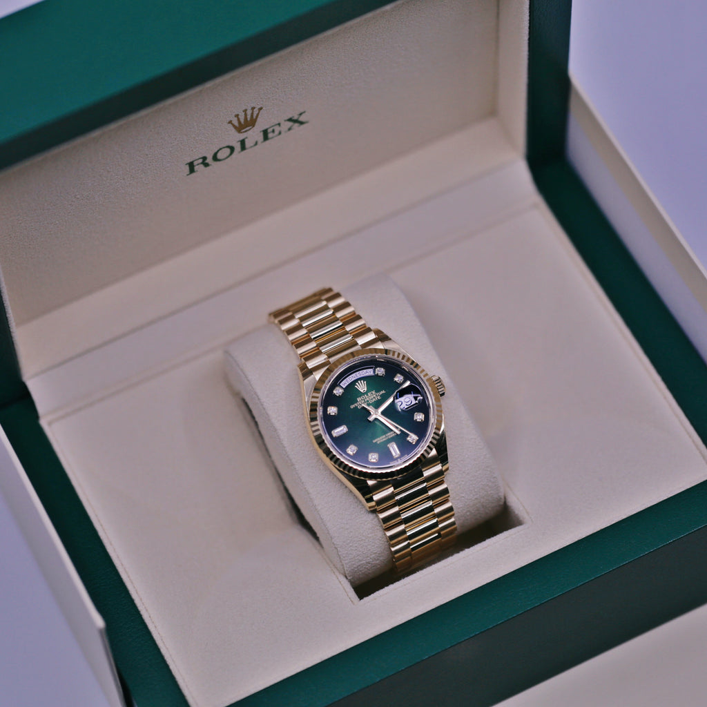 Rolex Day Date 36mm - Ref: 128238-0069 - Green Ombre Diamond Dial, 18K Yellow Gold President Bracelet Watch