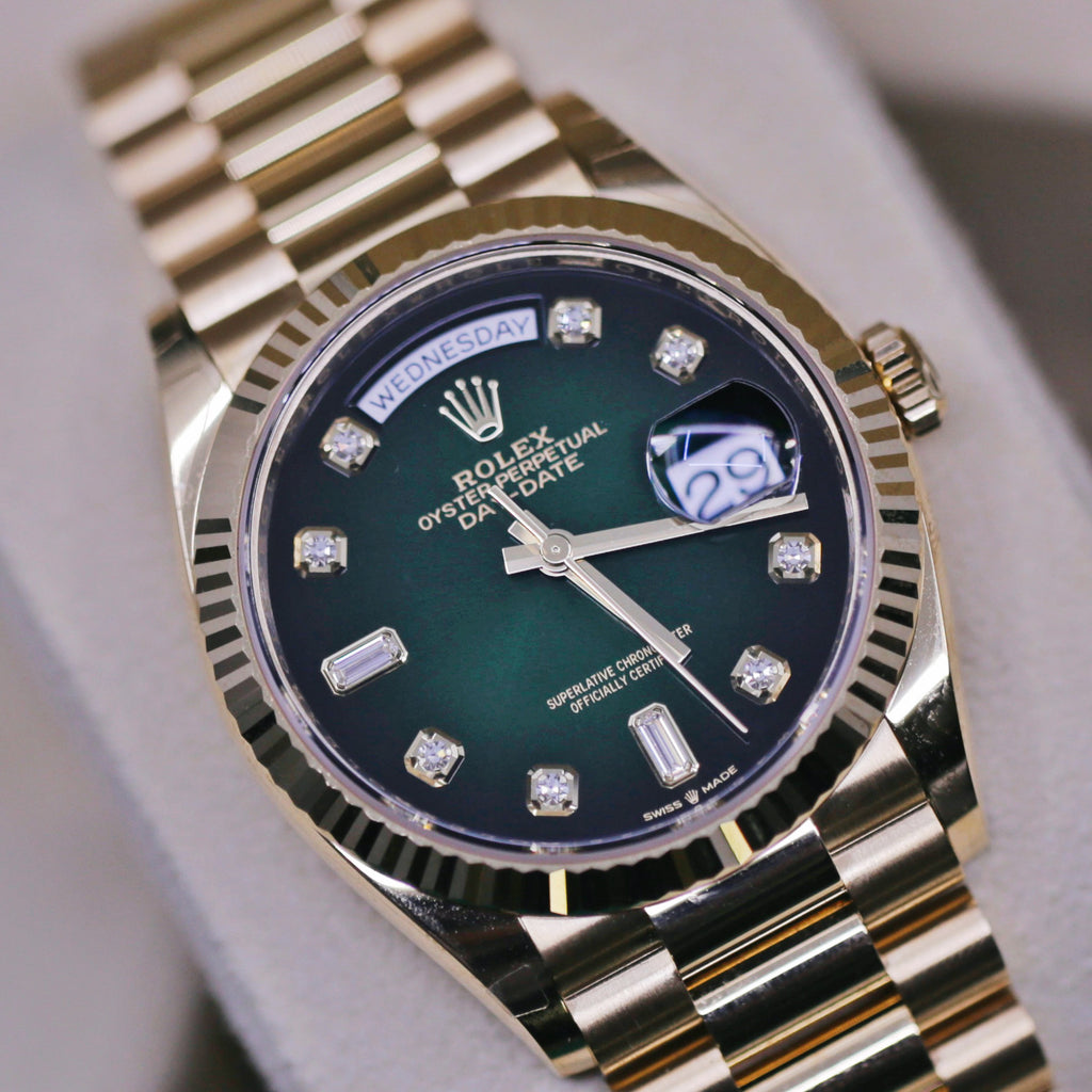 Rolex Day Date 36mm - Ref: 128238-0069 - Green Ombre Diamond Dial, 18K Yellow Gold President Bracelet Watch