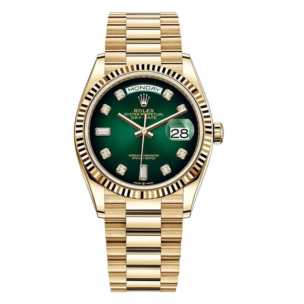 Rolex Day Date 36mm - Ref: 128238-0069 - Green Ombre Diamond Dial, 18K Yellow Gold President Bracelet Watch