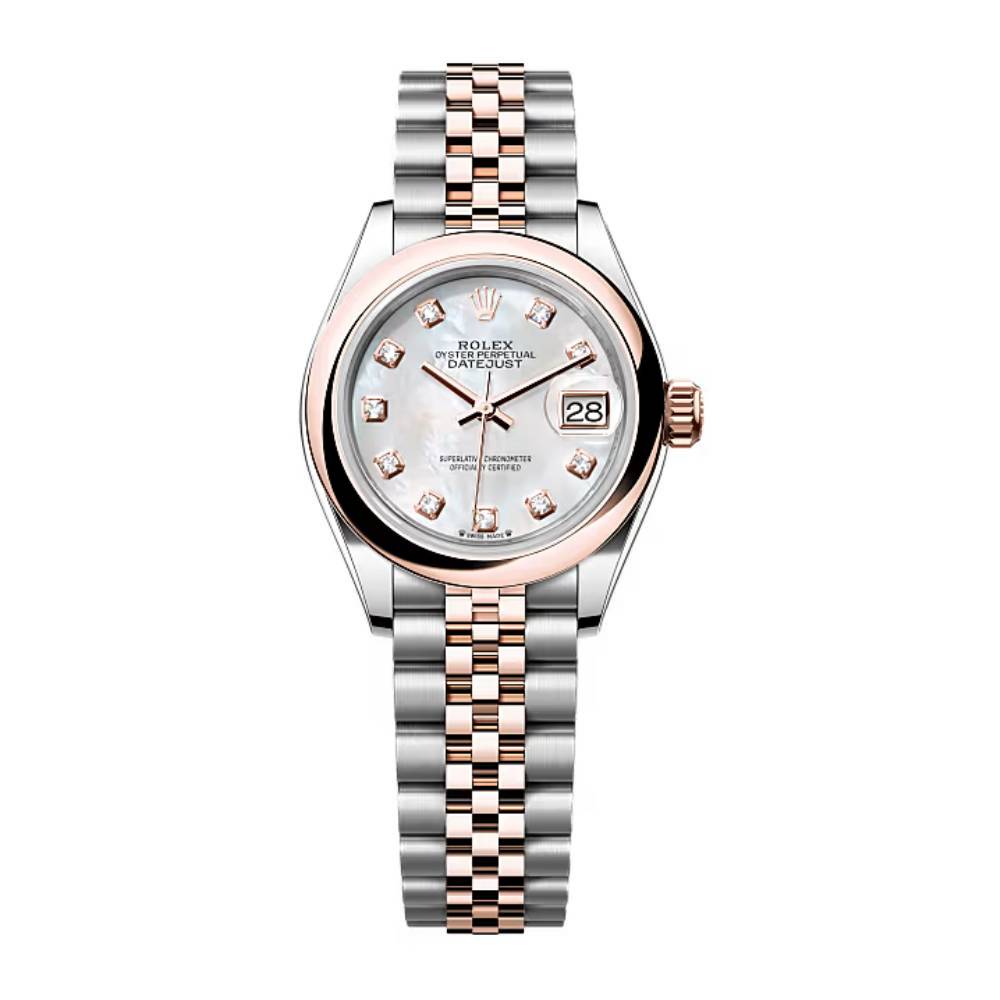 Rolex Lady-Datejust 28mm - Ref: 279161-0013 - White Mother of Pearl Diamond Dial, Two Tone Stainless Steel & 18K Rose Gold Jubilee Bracelet Women's Watch