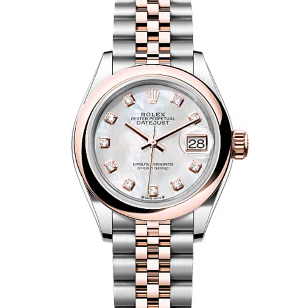 Rolex Lady-Datejust 28mm - Ref: 279161-0013 - White Mother of Pearl Diamond Dial, Two Tone Stainless Steel & 18K Rose Gold Jubilee Bracelet Women's Watch