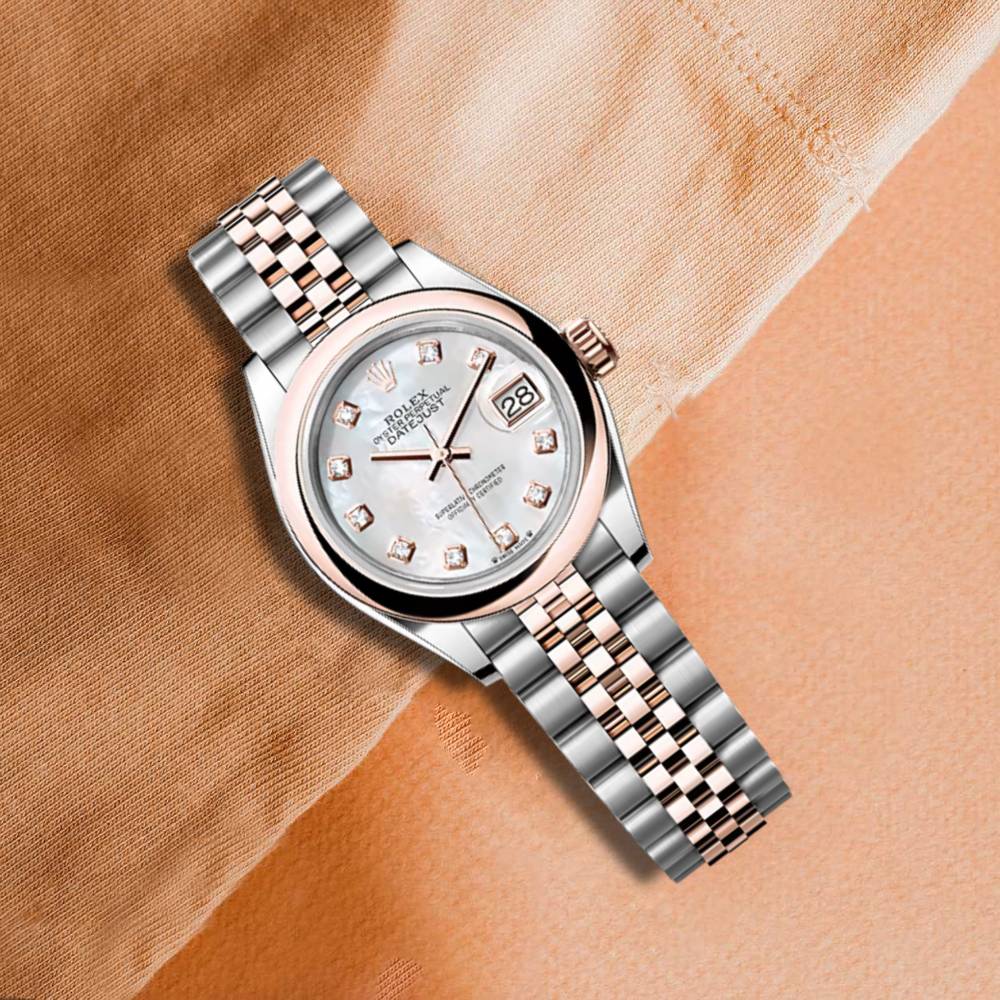 Rolex Lady-Datejust 28mm - Ref: 279161-0013 - White Mother of Pearl Diamond Dial, Two Tone Stainless Steel & 18K Rose Gold Jubilee Bracelet Women's Watch